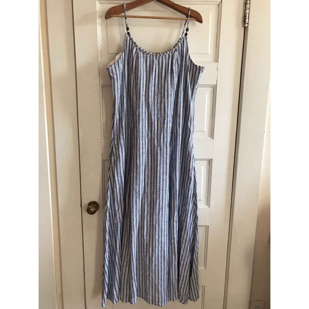 Calypso St Barth Linen Blend Blue White Striped Coastal Beaded Maxi Dress Sz XXL